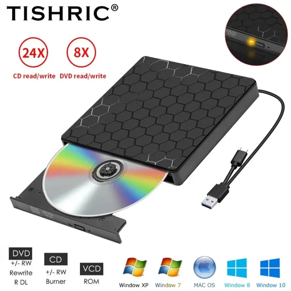 TISHRIC Leitor de DVD externo USB3.0 Tipo C - Image 2