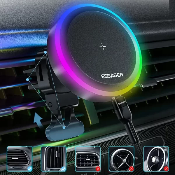 Suporte magnético para telefone para carro Essager RGB Qi 15W - Image 4